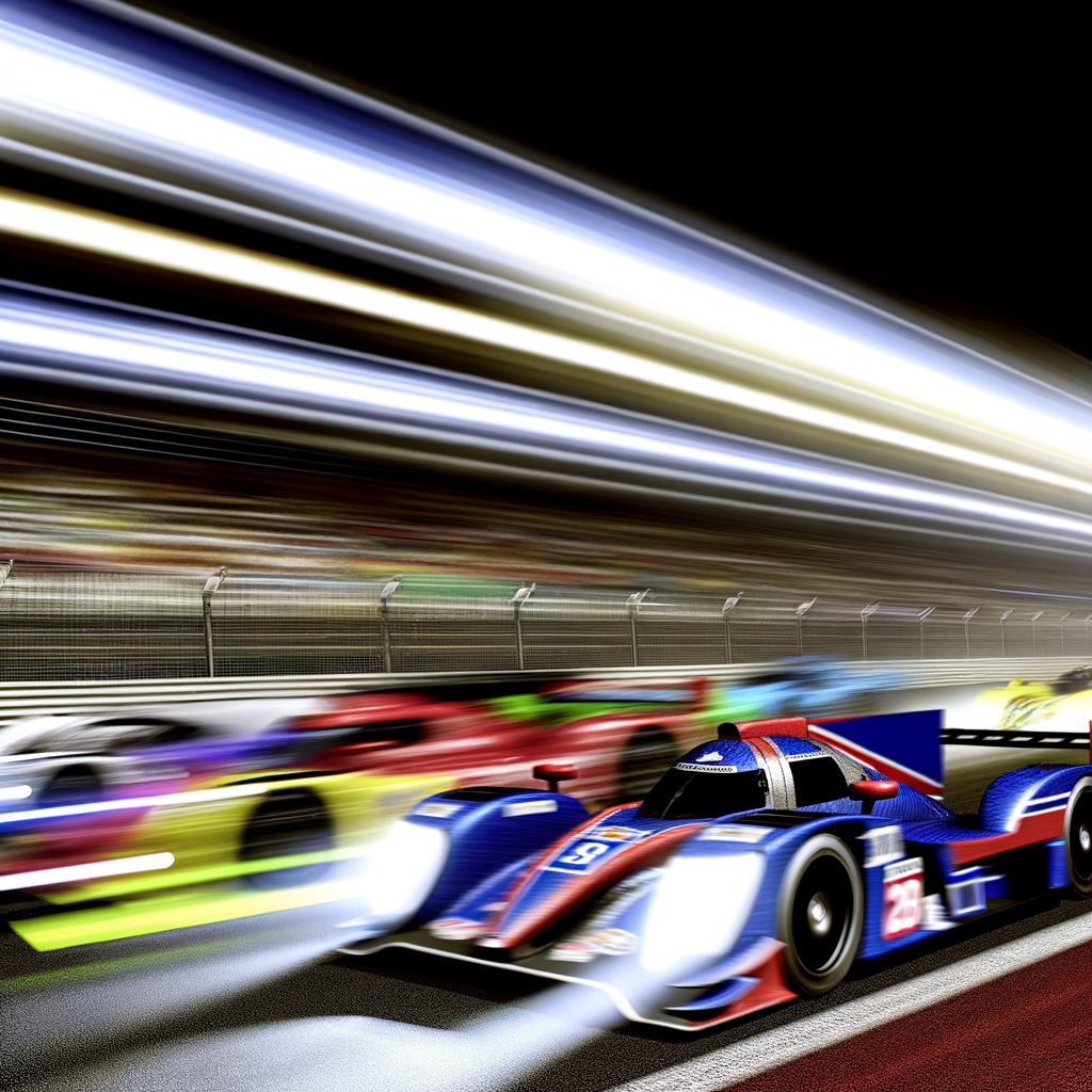 Nighttime race cars blur under bright lights.