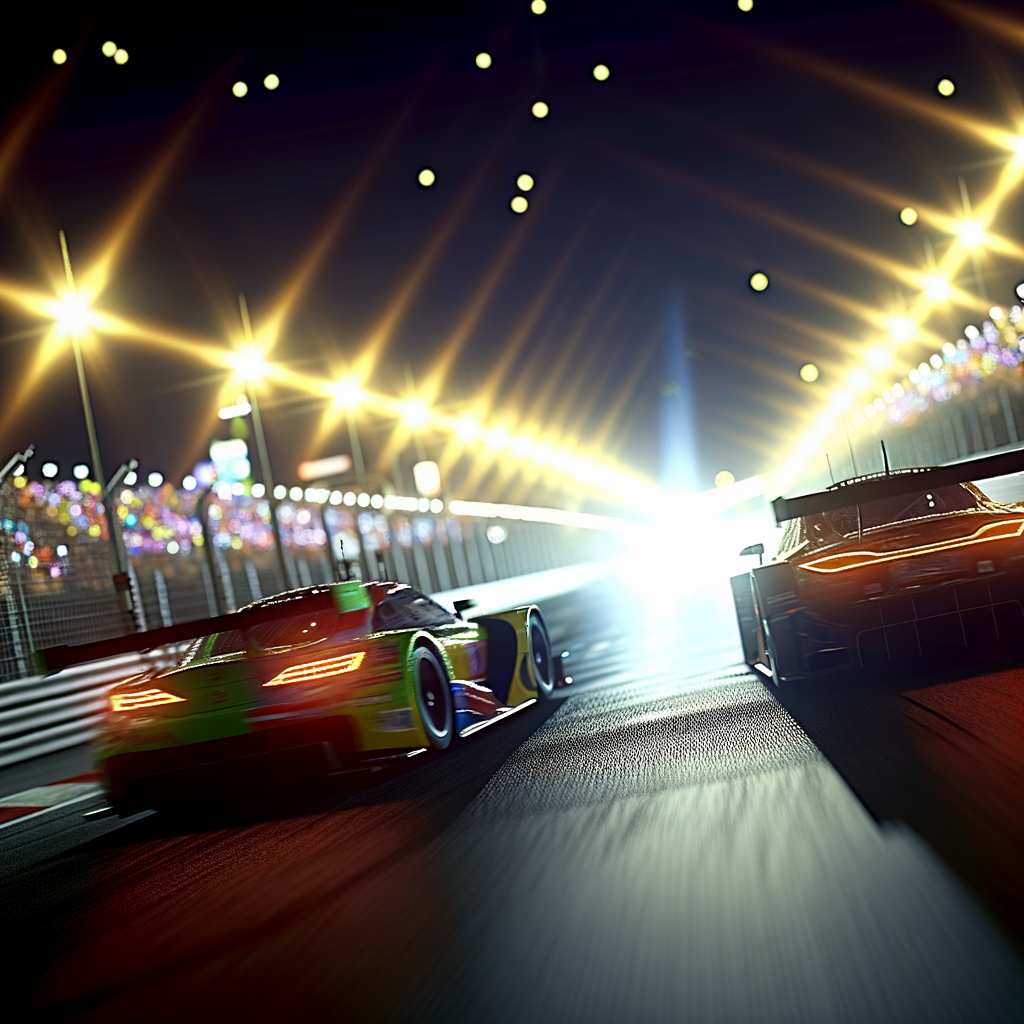 Racing cars speed past under glowing lights.