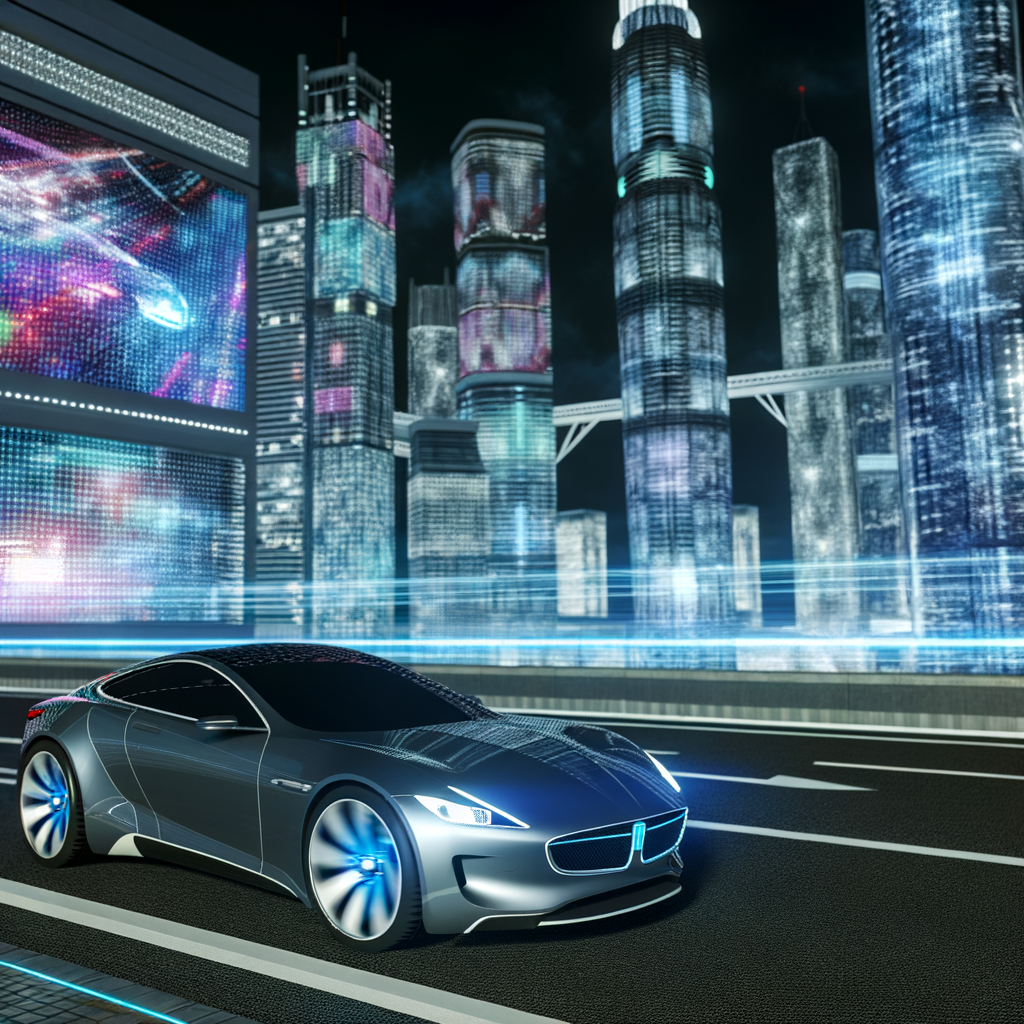 Sleek BMW cruising futuristic cityscape, illuminated.