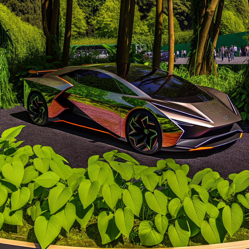 Sleek Lamborghini hybrid amidst lush greenery.