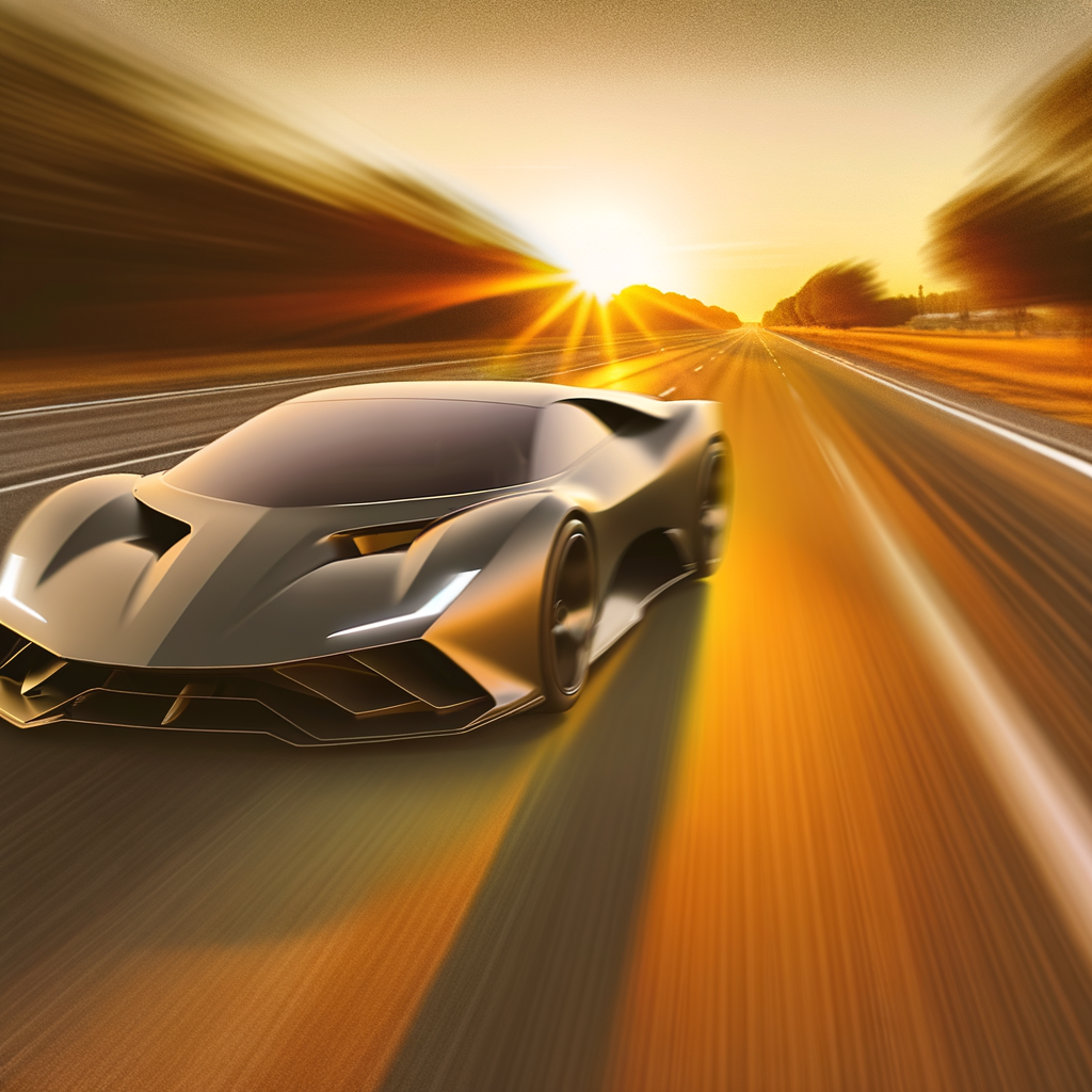 Sleek Lamborghini hybrid speeding through sunset.