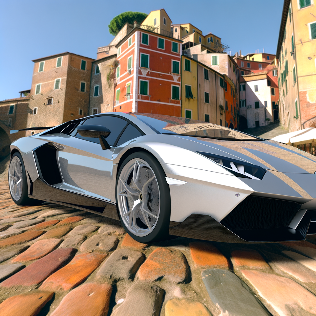 Sleek Lamborghini supercar amidst Italian backdrop.