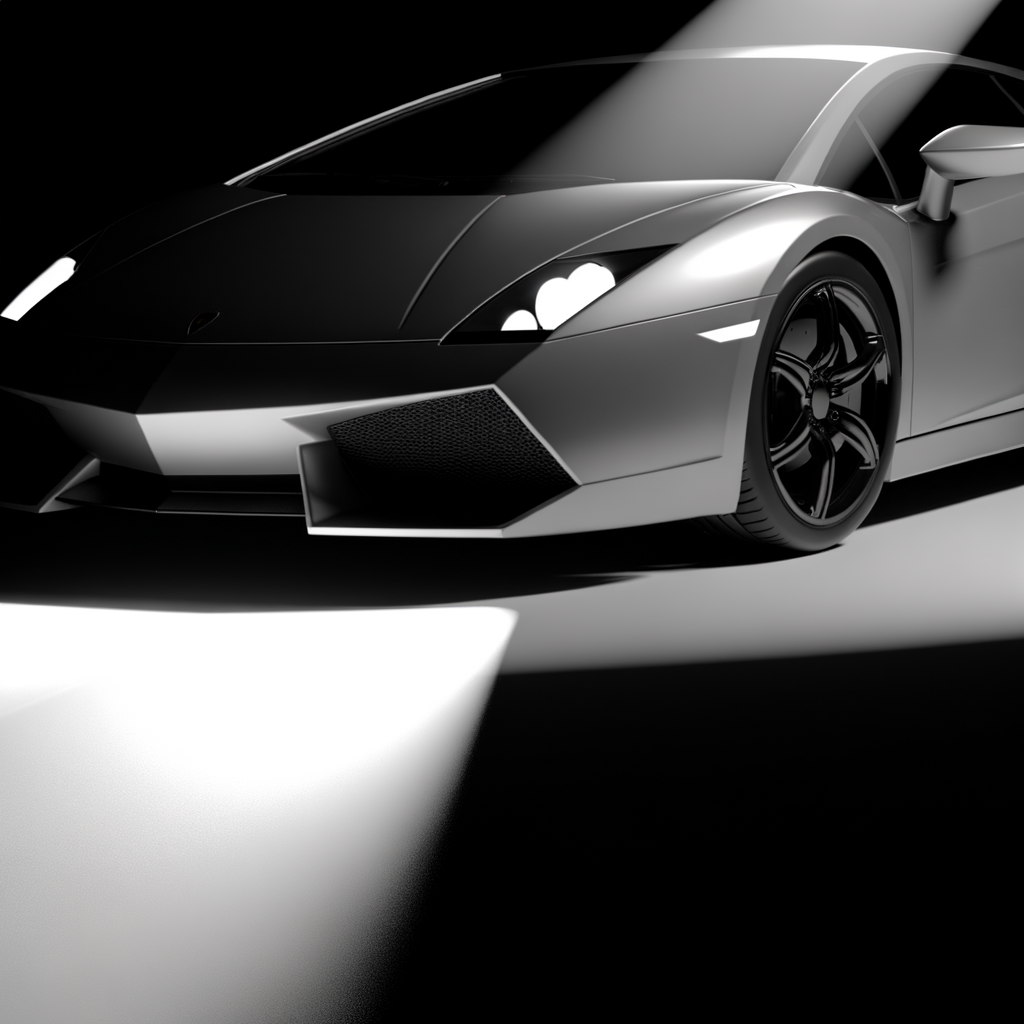 Sleek Lamborghini supercar, gleaming under spotlight.