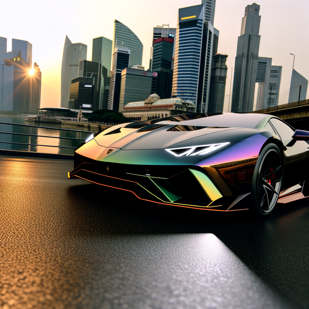 Sleek Lamborghini supercar glides through cityscape.