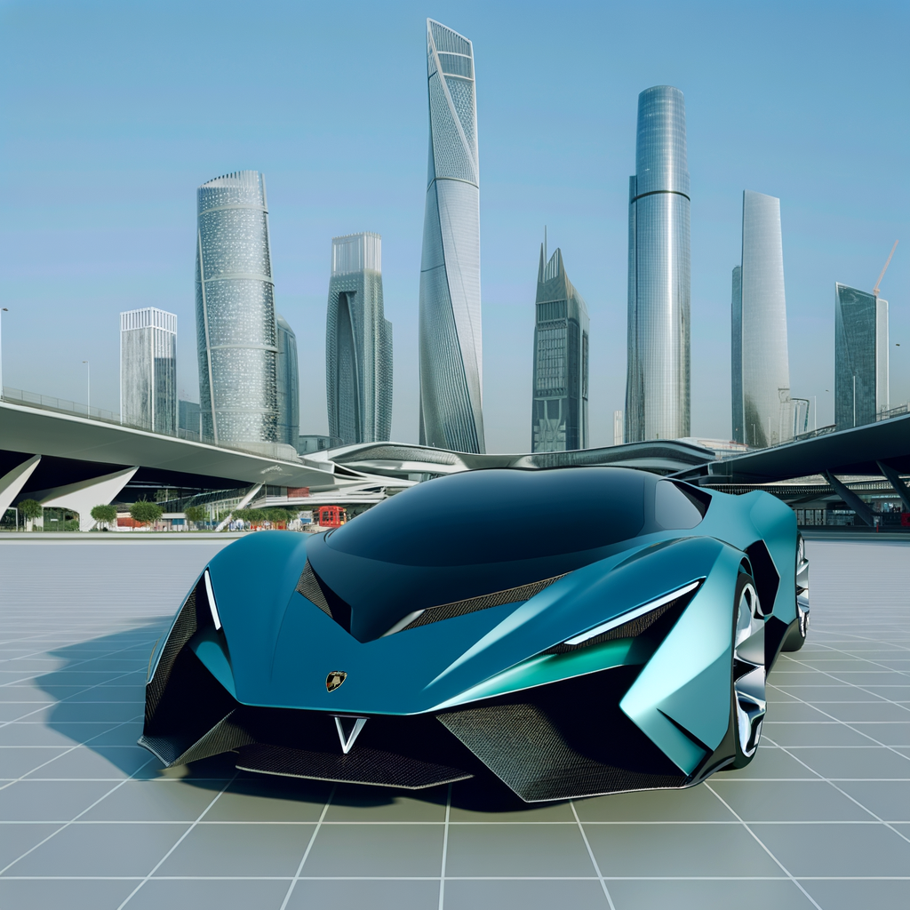 Sleek Lamborghini supercar in futuristic cityscape.