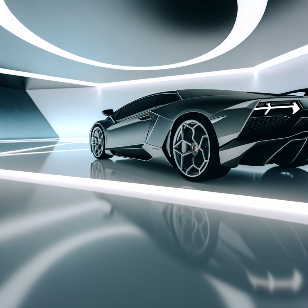 Sleek Lamborghini supercar in futuristic showroom.