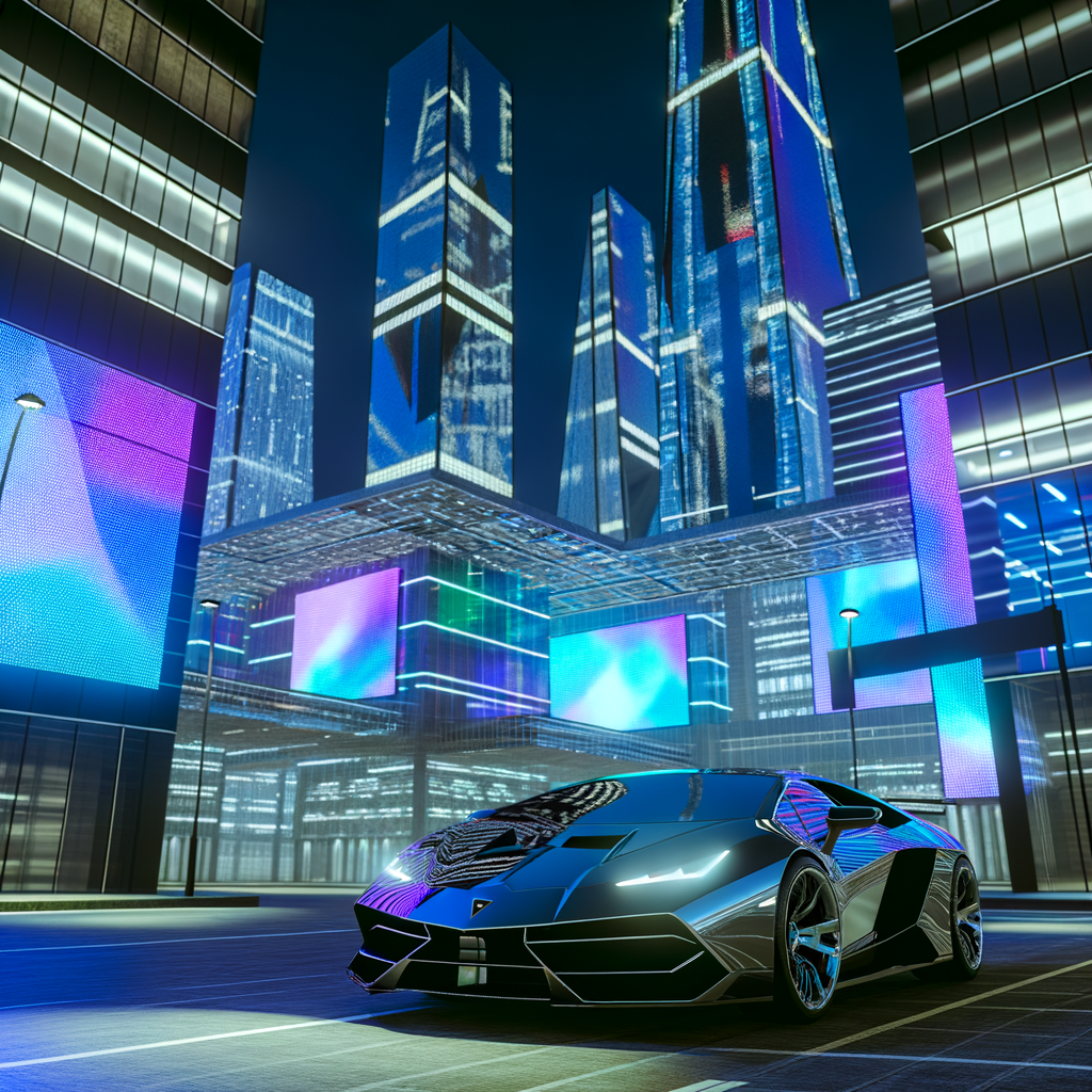 Sleek Lamborghini supercar in futuristic cityscape.