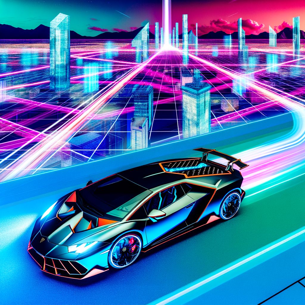 Sleek Lamborghini supercar in futuristic landscape.