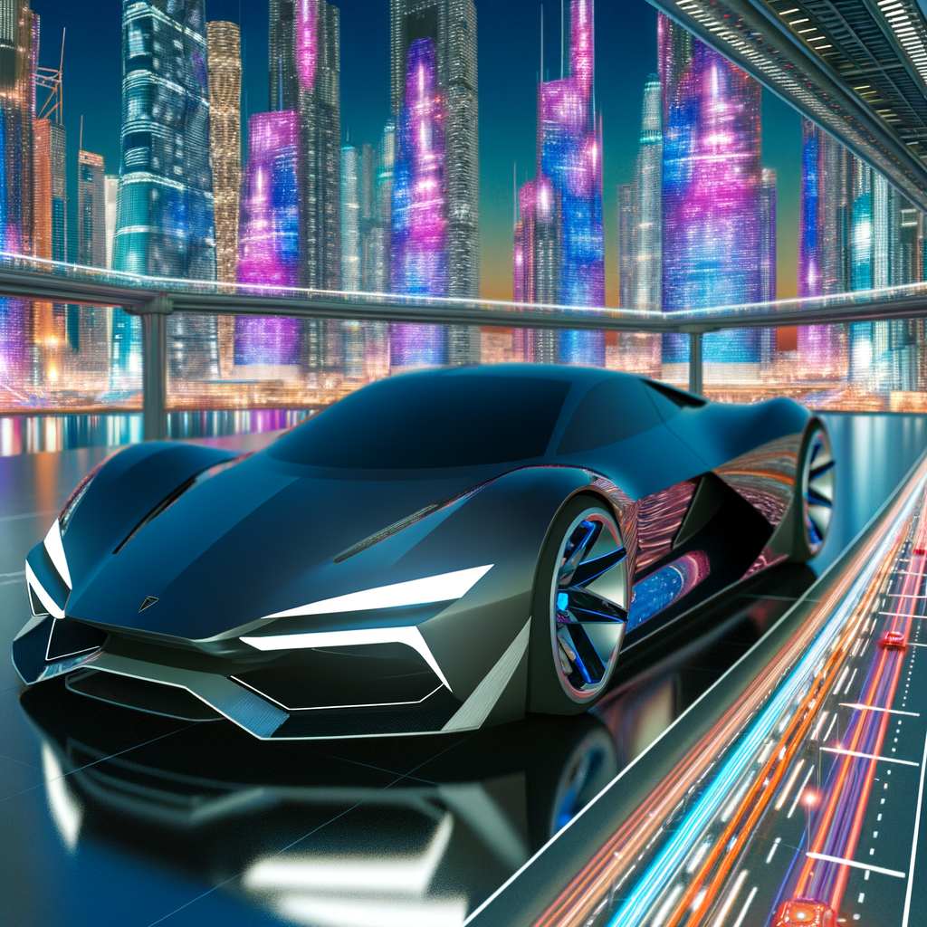 Sleek Lamborghini supercar in futuristic cityscape.