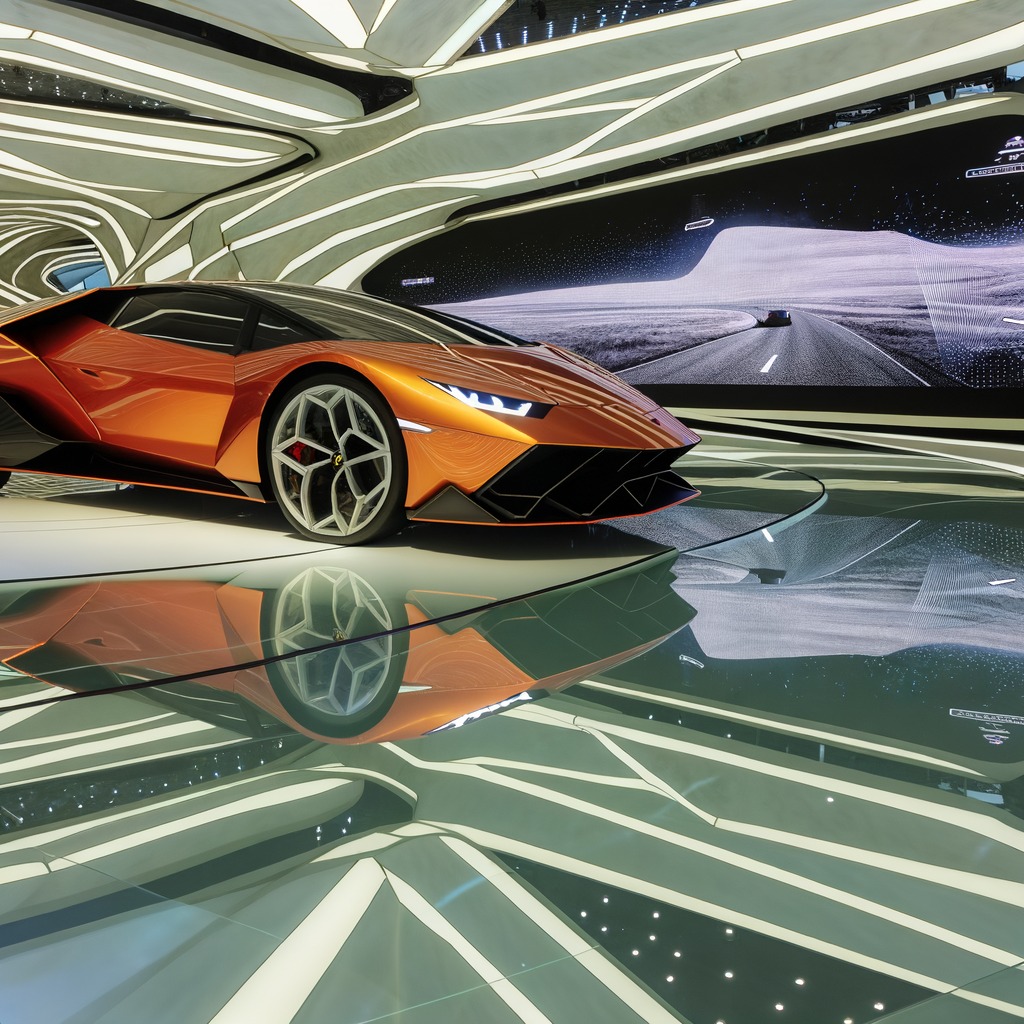 Sleek Lamborghini supercar in futuristic showroom.