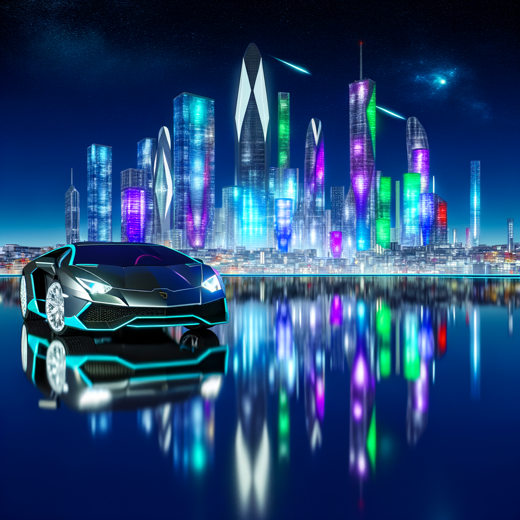 Sleek Lamborghini supercar on futuristic cityscape.