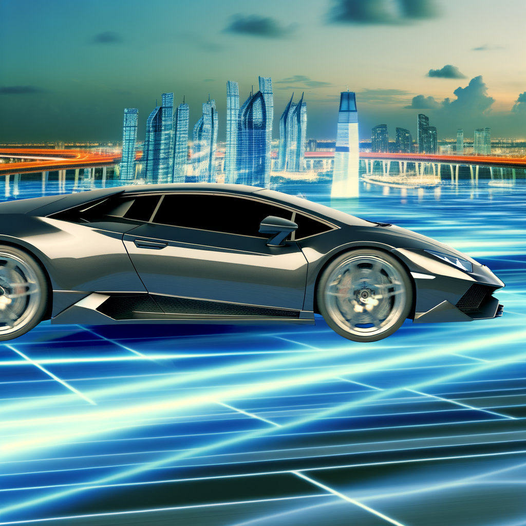 Sleek Lamborghini supercar on futuristic landscape.