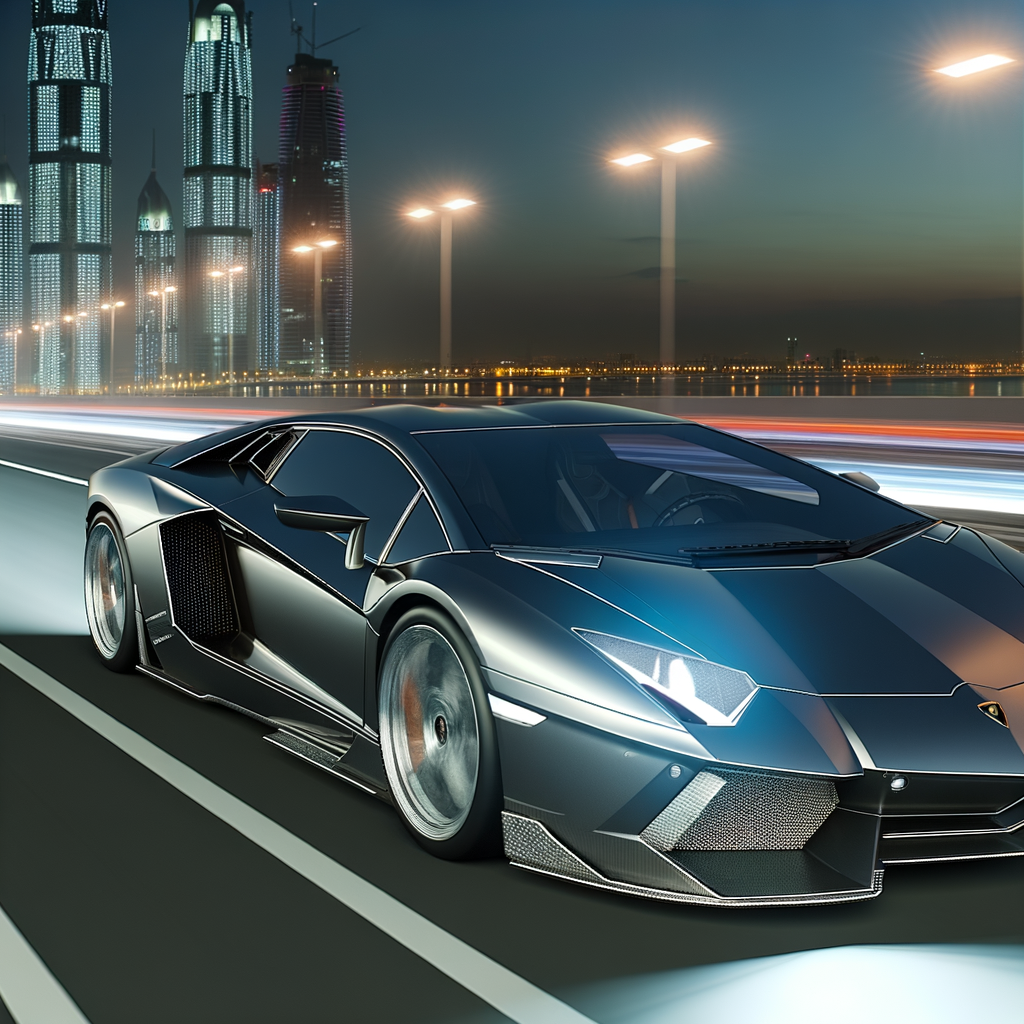 Sleek Lamborghini supercar on futuristic highway.