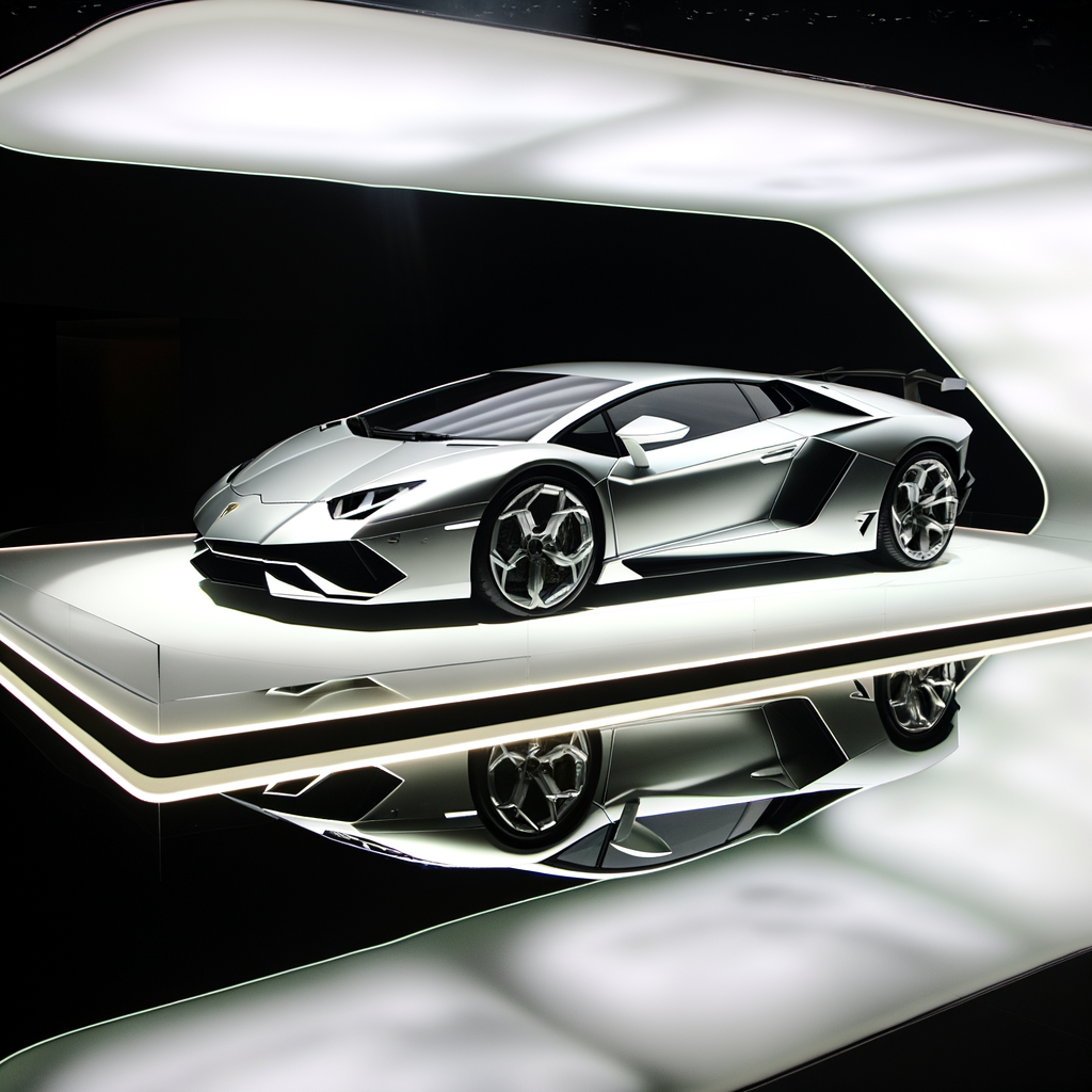 Sleek Lamborghini supercar on futuristic display.