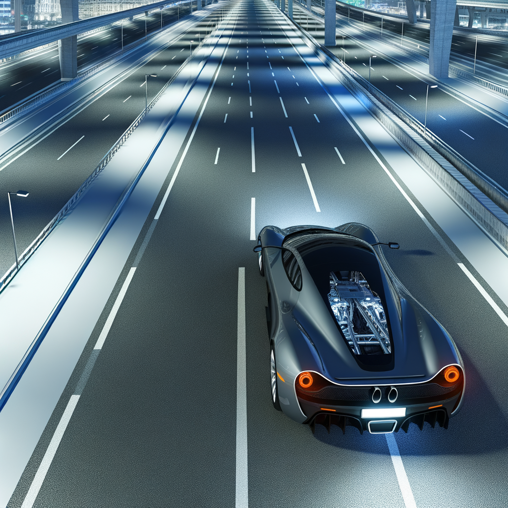 Sleek Lamborghini supercar on futuristic highway.