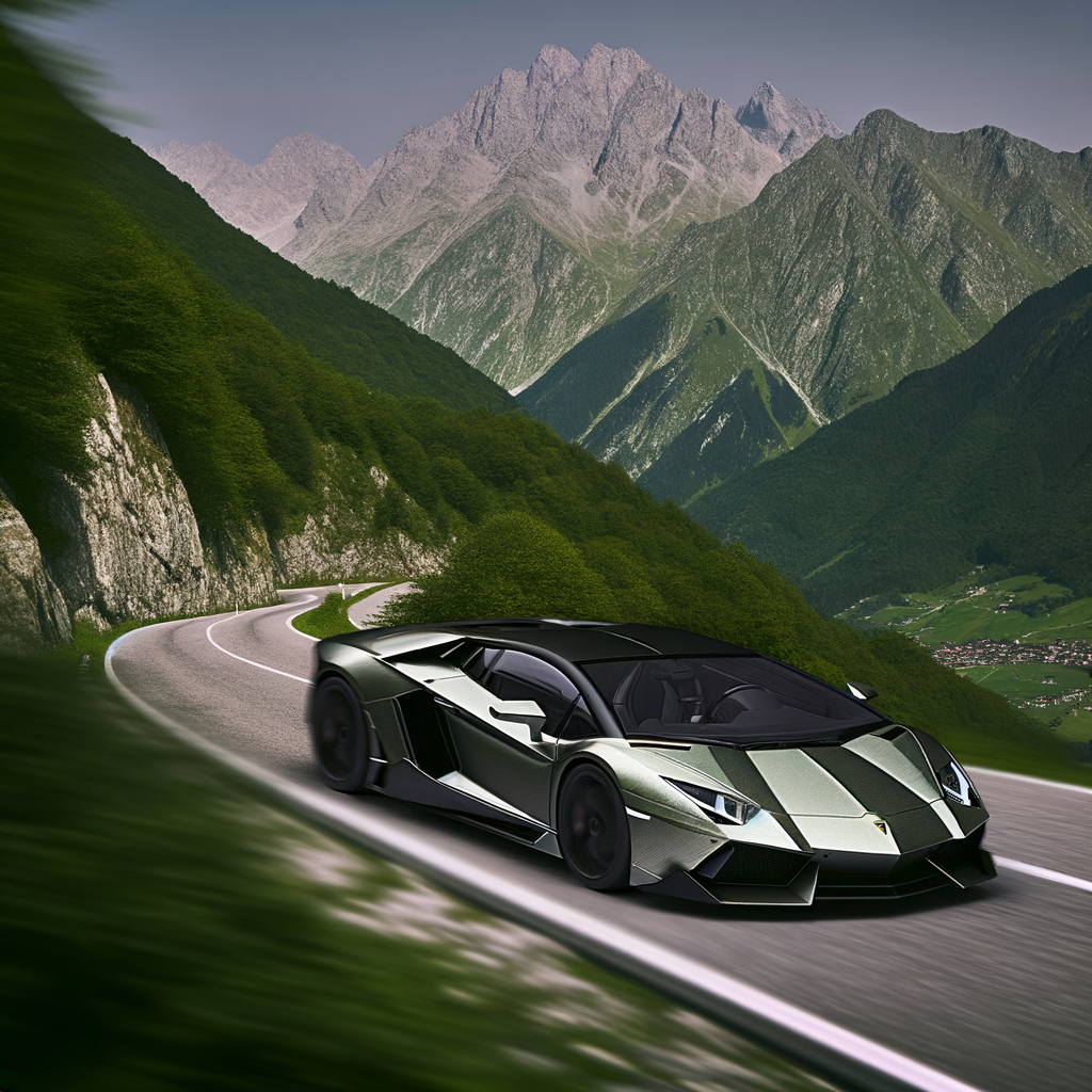 Sleek Lamborghini supercar on mountain road.