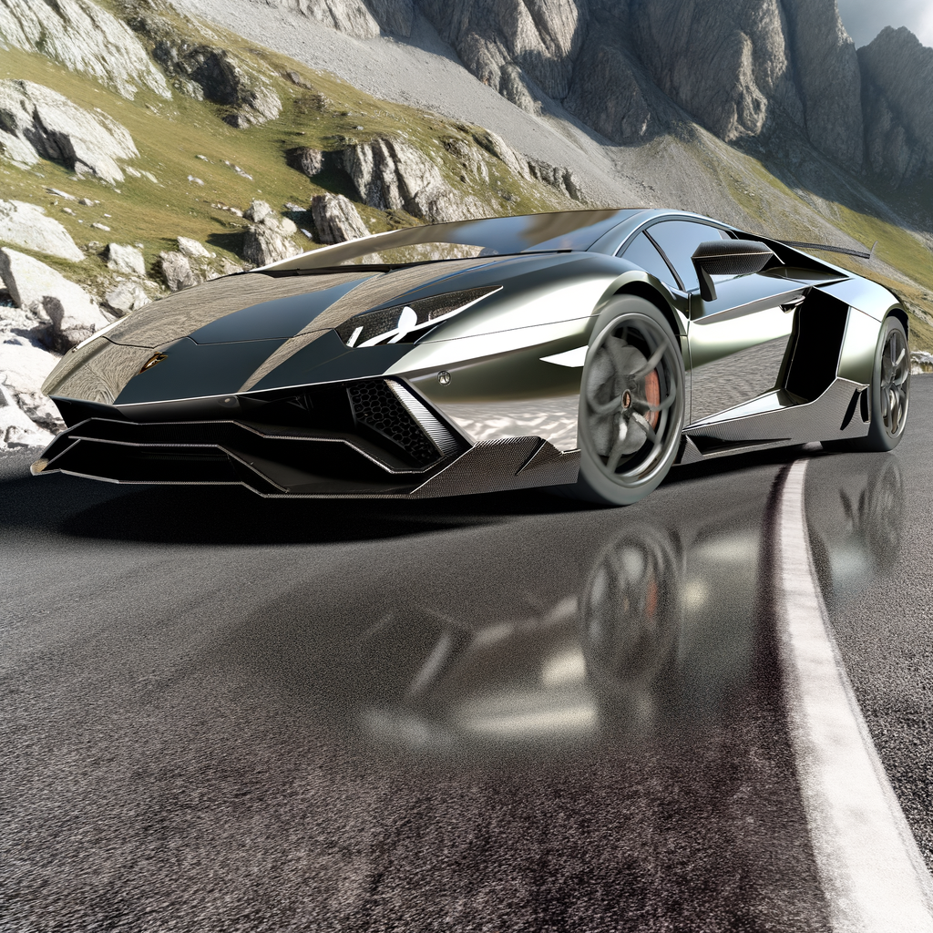 Sleek Lamborghini supercar on mountain road.