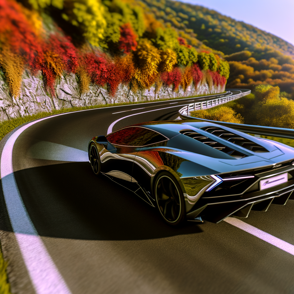 Sleek Lamborghini supercar on winding road.