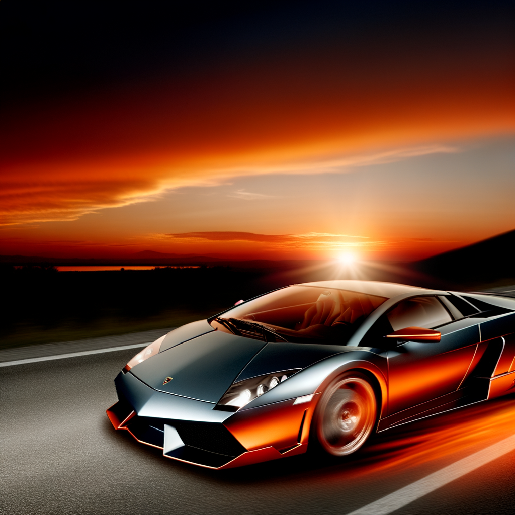 Sleek Lamborghini supercar racing through sunset.