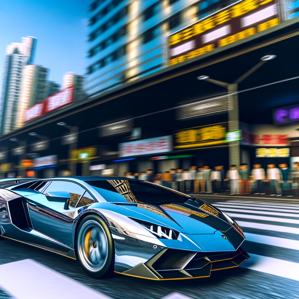 Sleek Lamborghini supercar speeding through city.