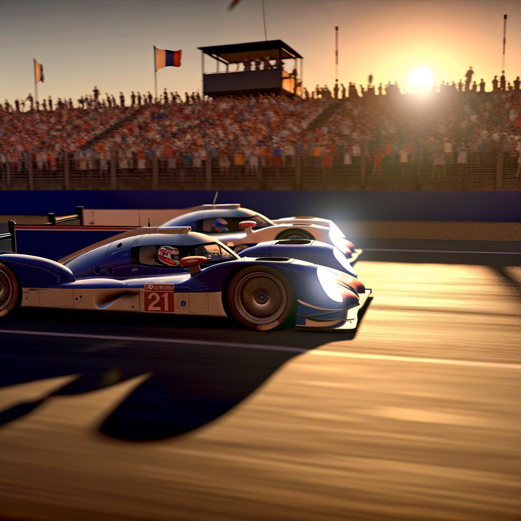 Sunset-lit Le Mans cars in motion.