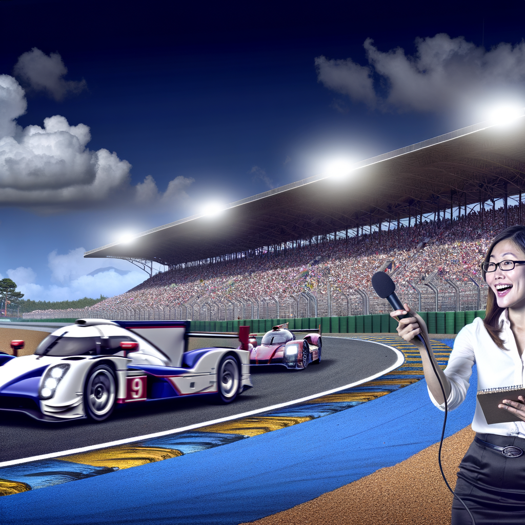 Thrilling Le Mans race, dynamic journalist coverage.