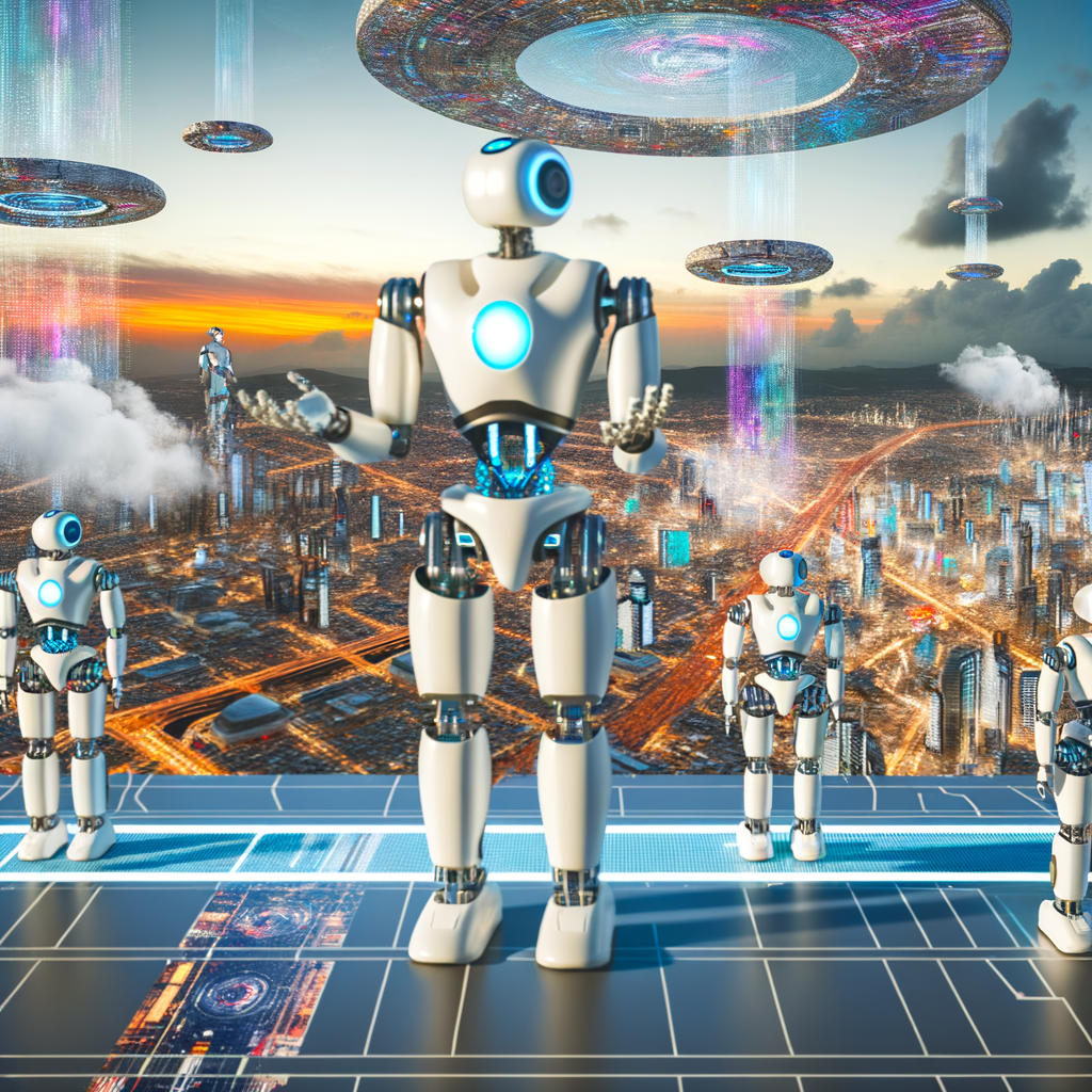 AI robots collaborating over futuristic cityscape.