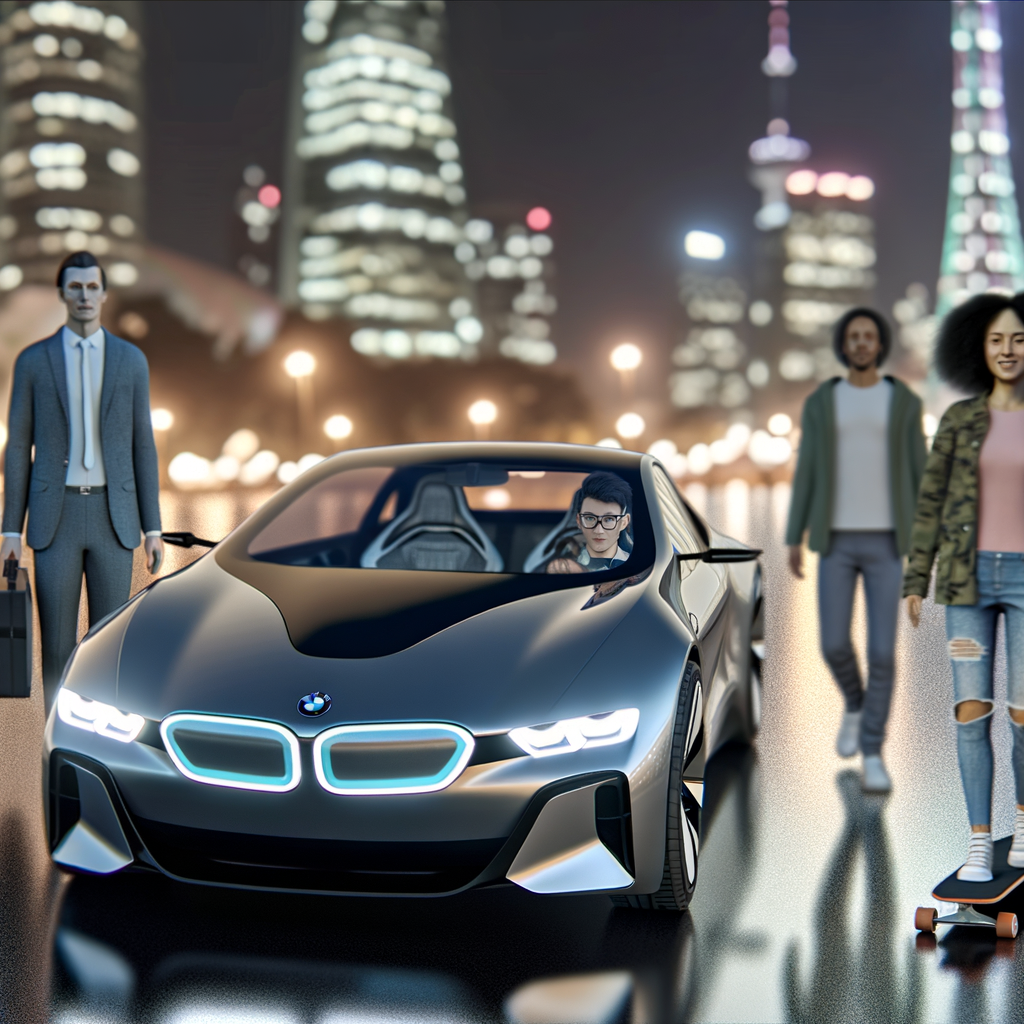 BMW's futuristic electric car under city lights.