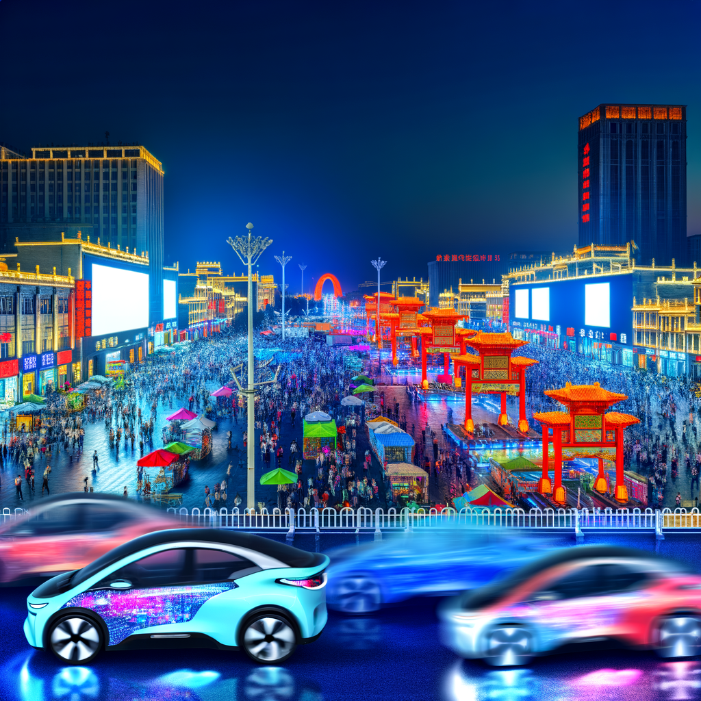 Electric cars illuminate bustling Chinese cityscape.