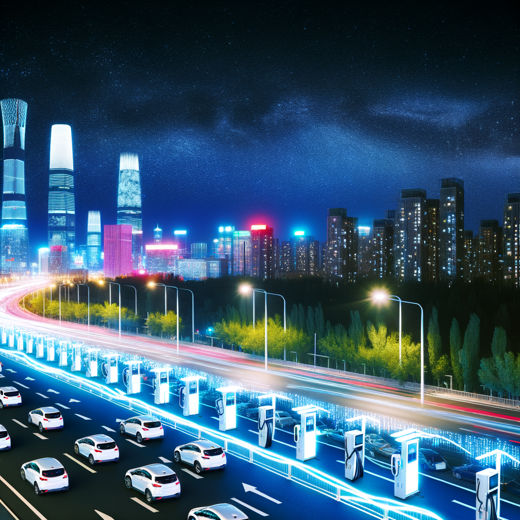 Electric cars illuminate China's urban skyline.