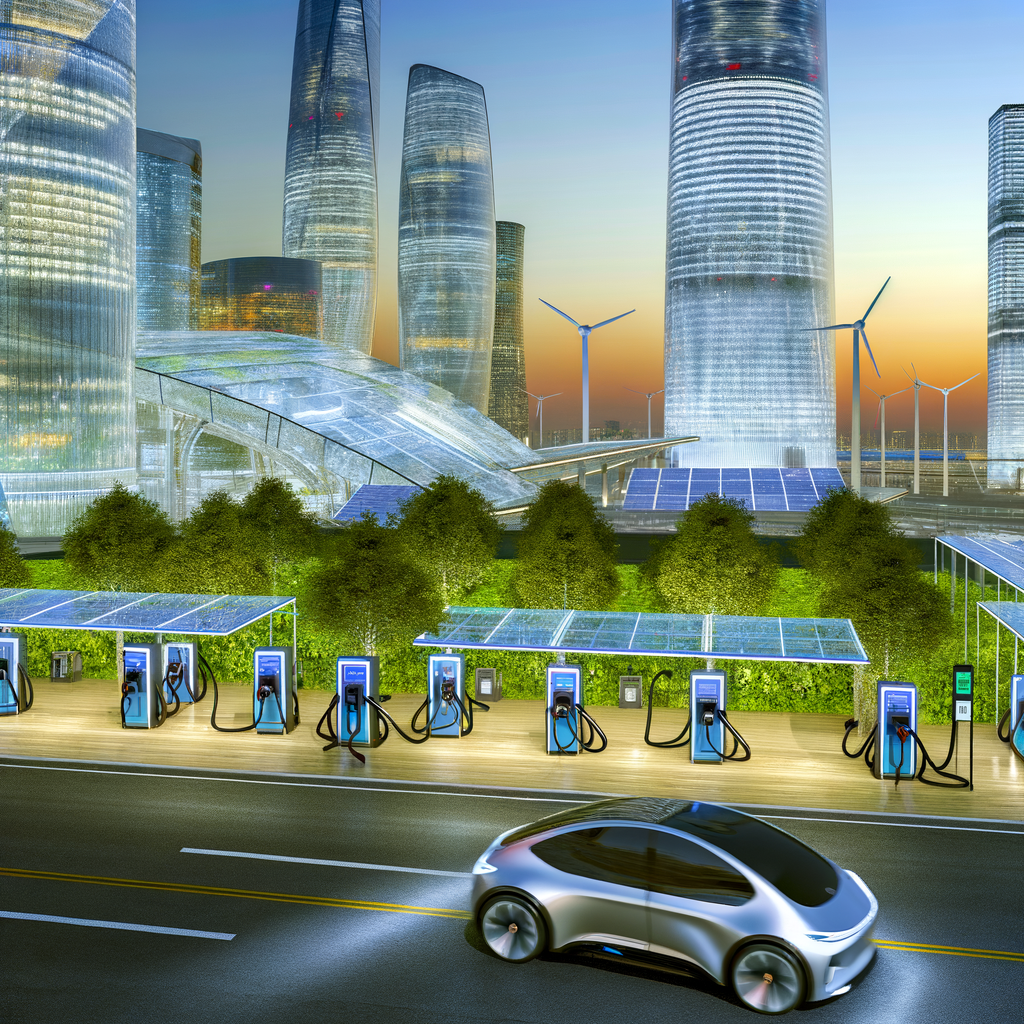 Electric cars lead futuristic cityscape transformation.