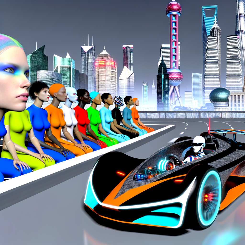 Electric cars race on futuristic Shanghai skyline.