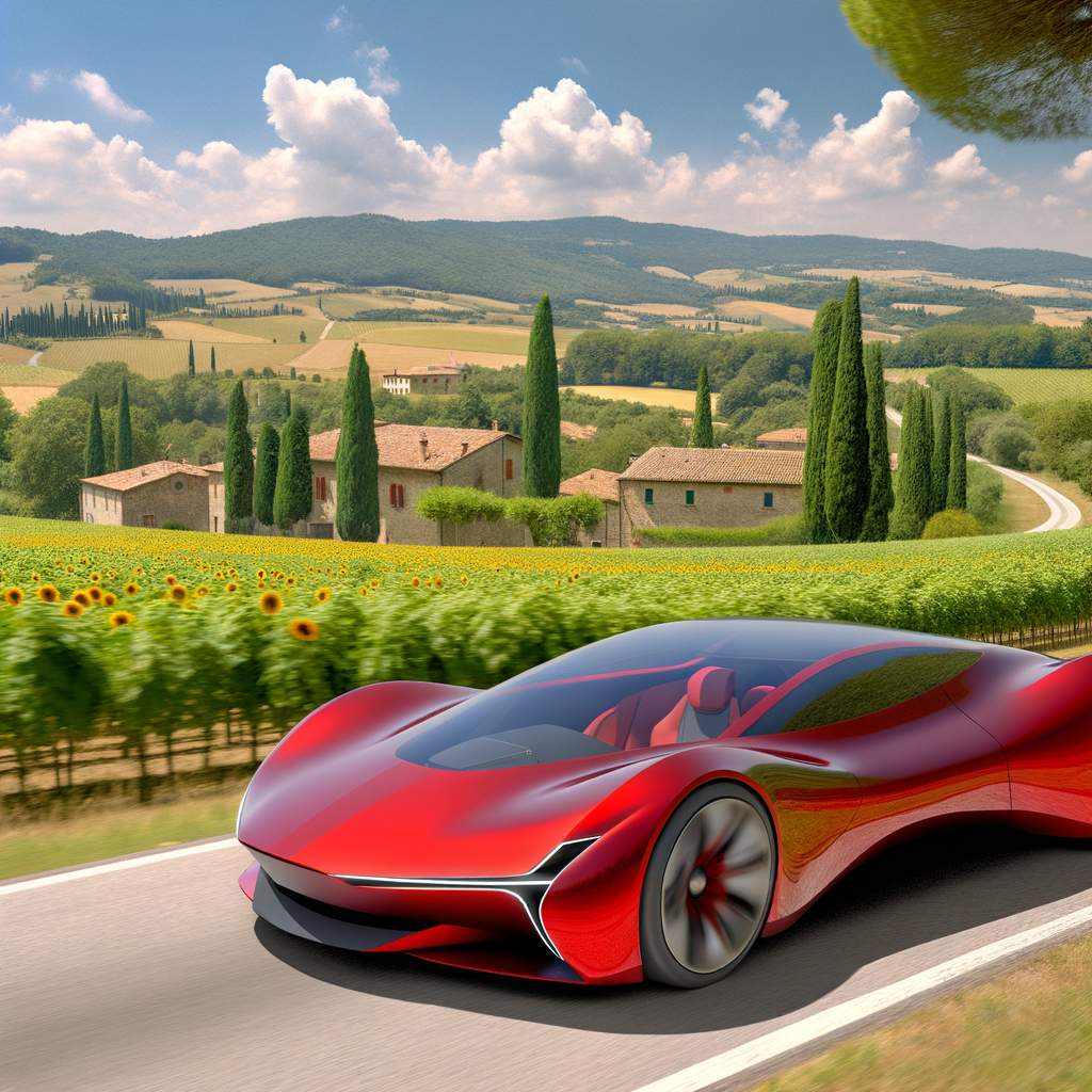 Ferrari hybrid supercar gliding through Italian landscape.