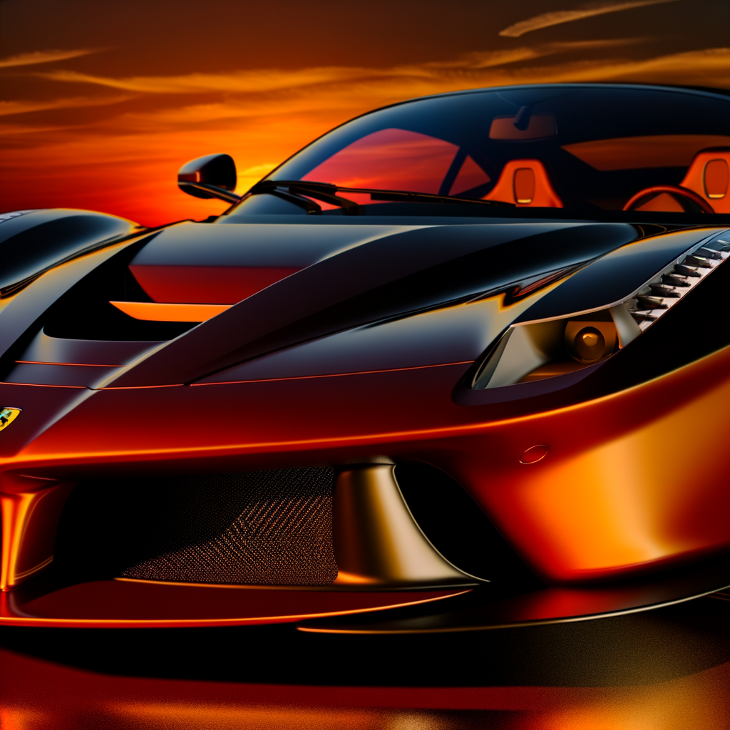 Ferrari supercar gleaming under sunset glow.