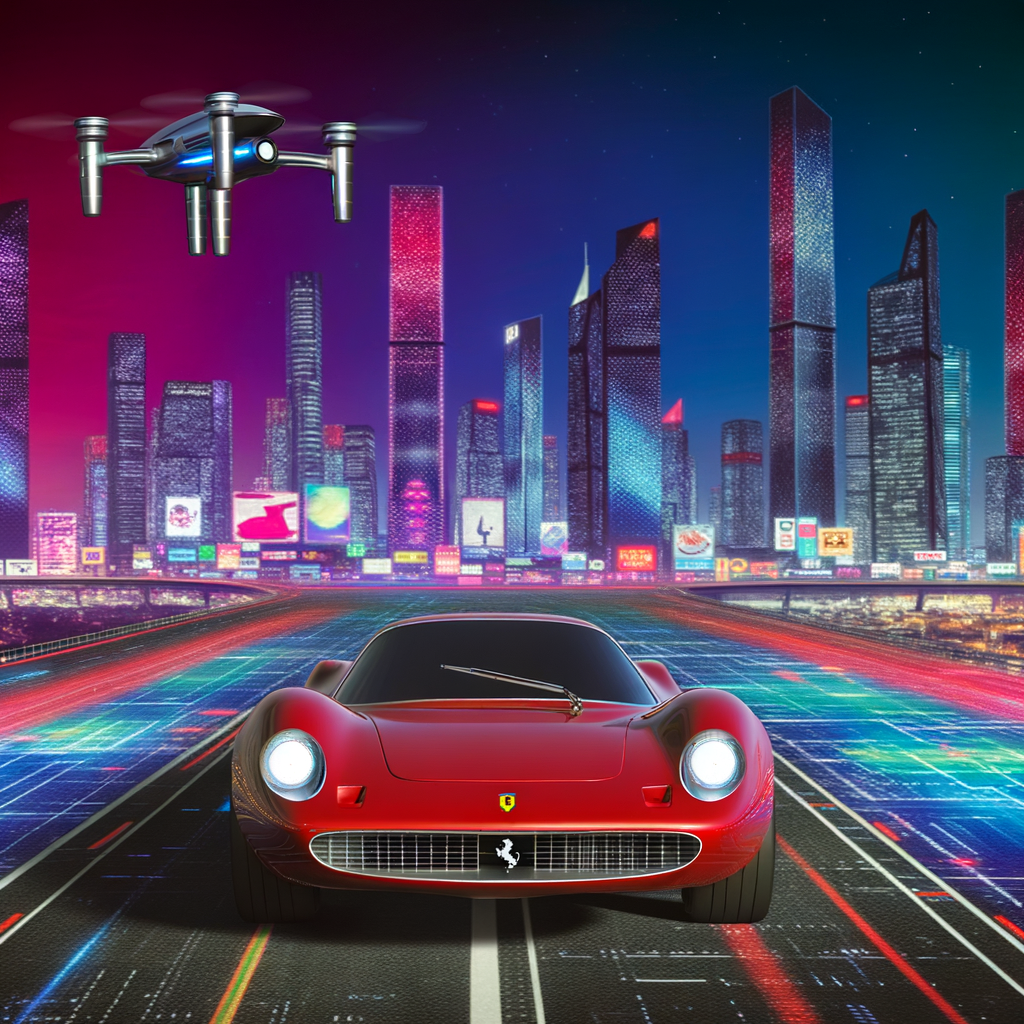 Ferrari supercar glides through futuristic cityscape.