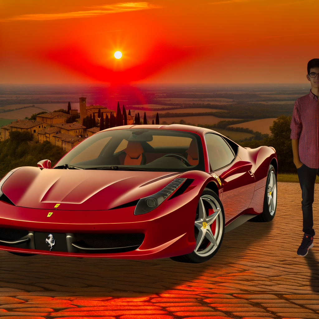 Ferrari supercar glistening in Maranello sunset.