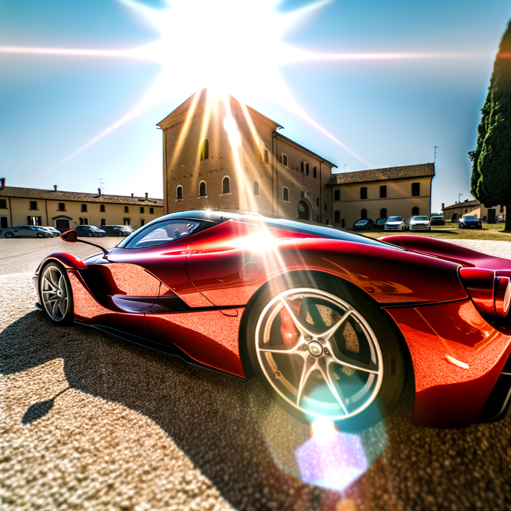 Ferrari supercar glistening under Maranello's sun.