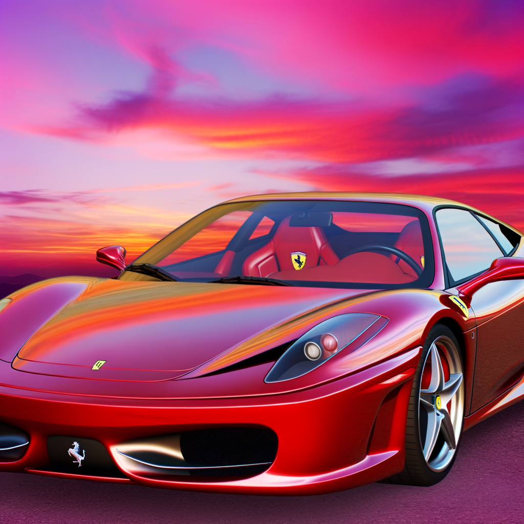 Ferrari supercar glistening under sunset skies.