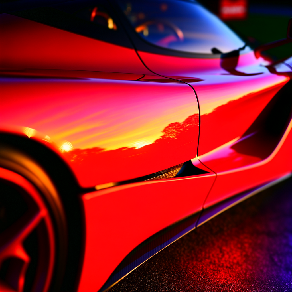 Ferrari supercar glistening under sunset light.