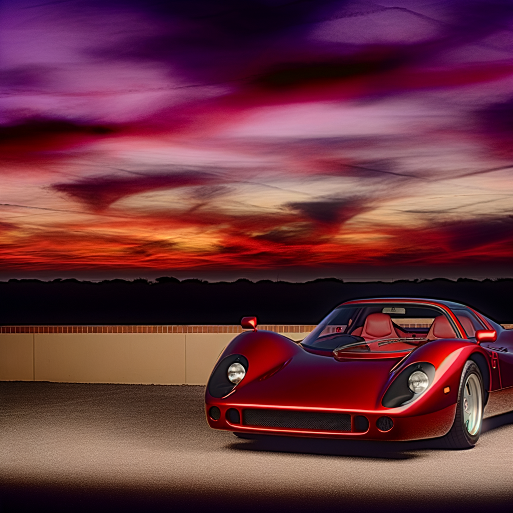 Ferrari supercar glistens under sunset sky.