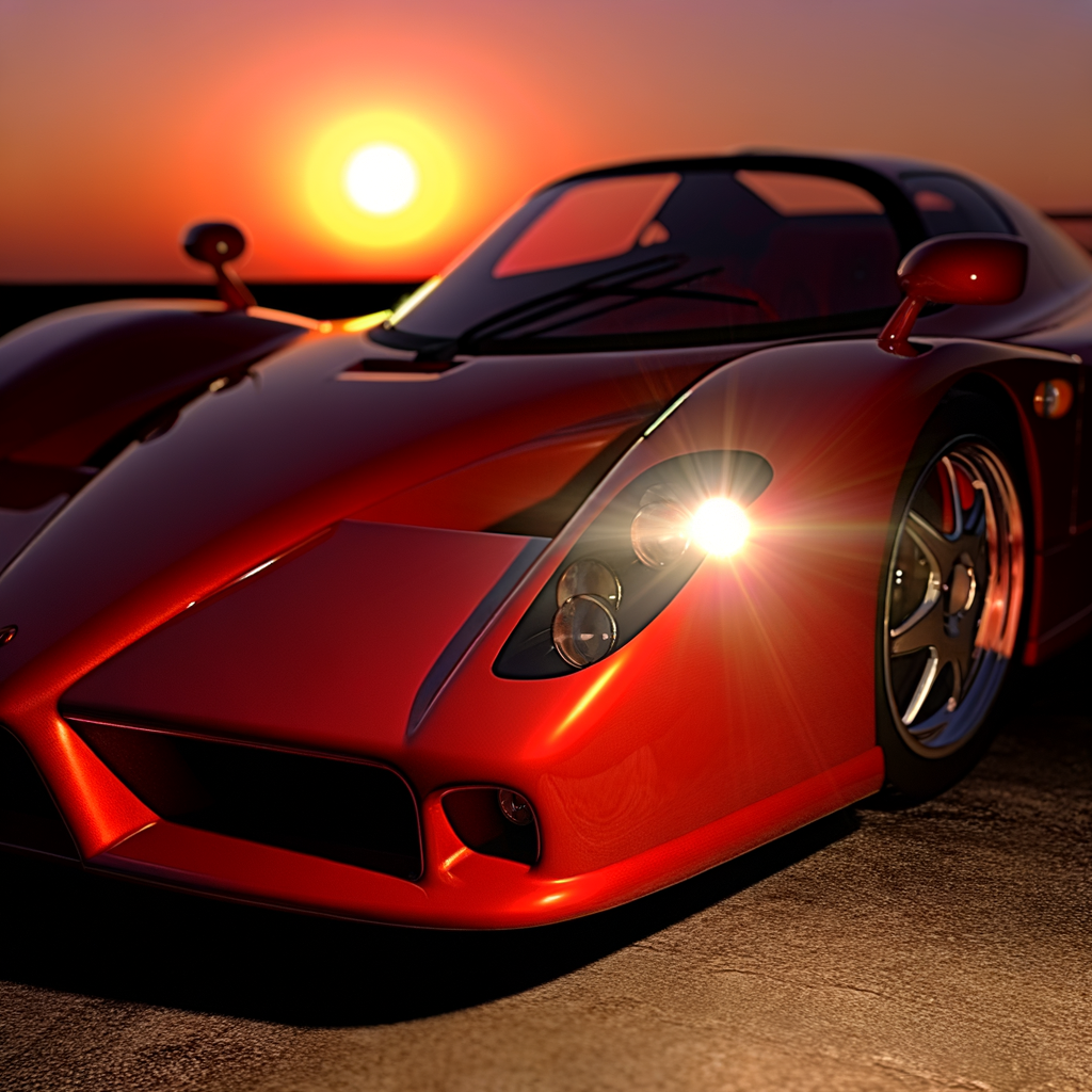 Ferrari supercar glistens under sunset's glow.