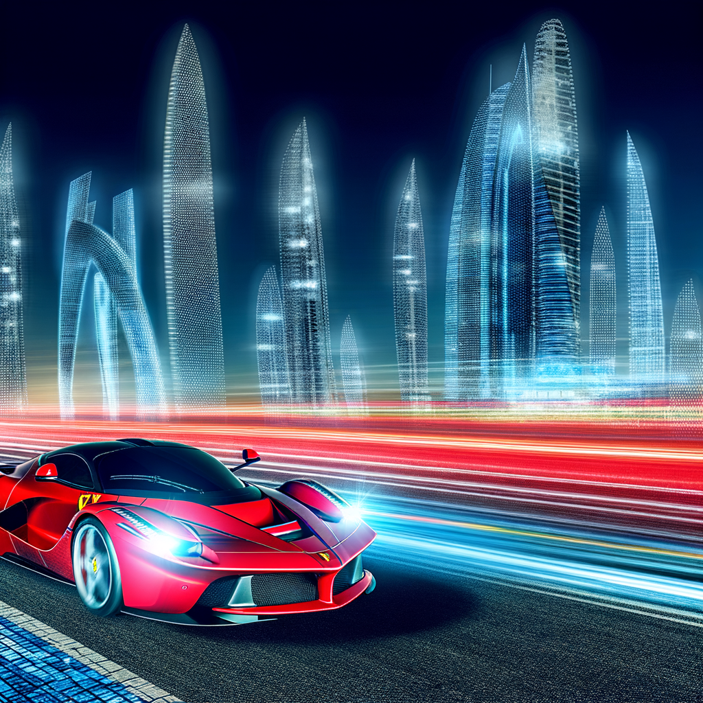 Ferrari supercar racing through futuristic cityscape.