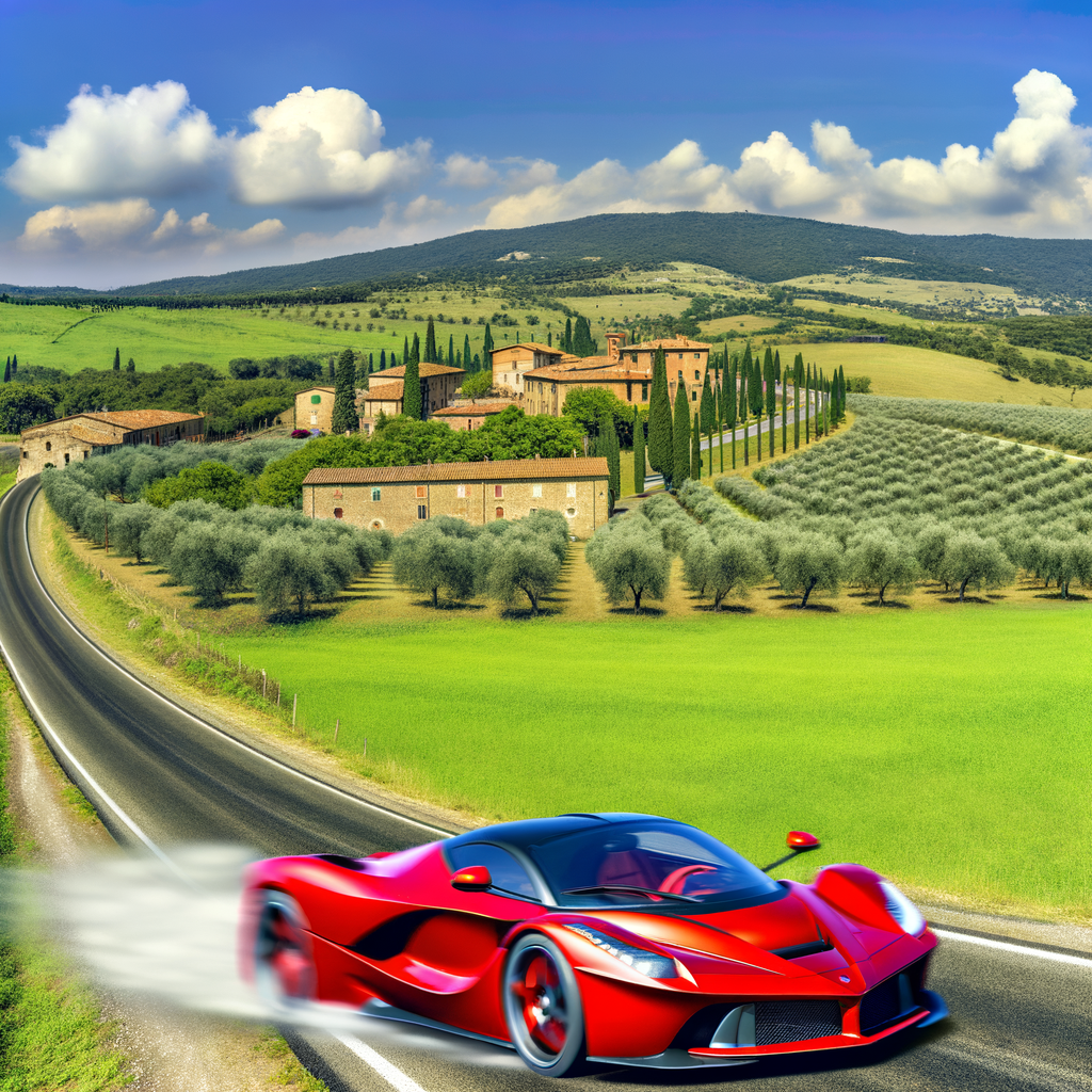 Ferrari supercar speeding through Italian countryside.