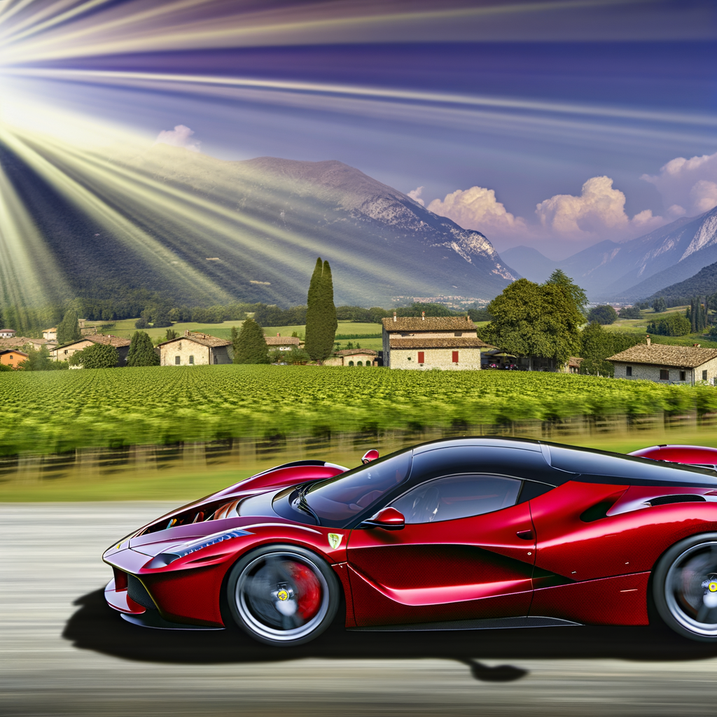 Ferrari supercar speeding through Italian countryside.