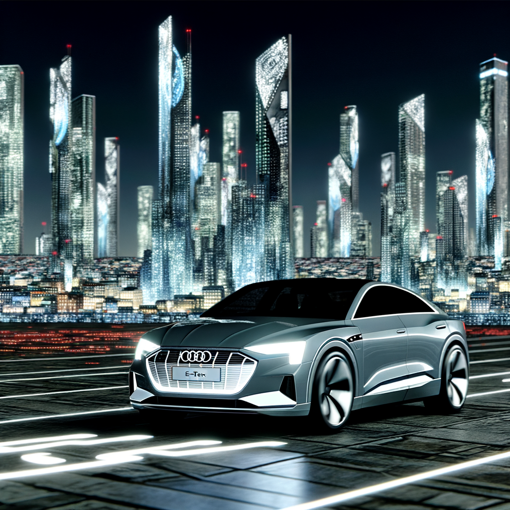 Futuristic Audi e-tron amidst digital cityscape.