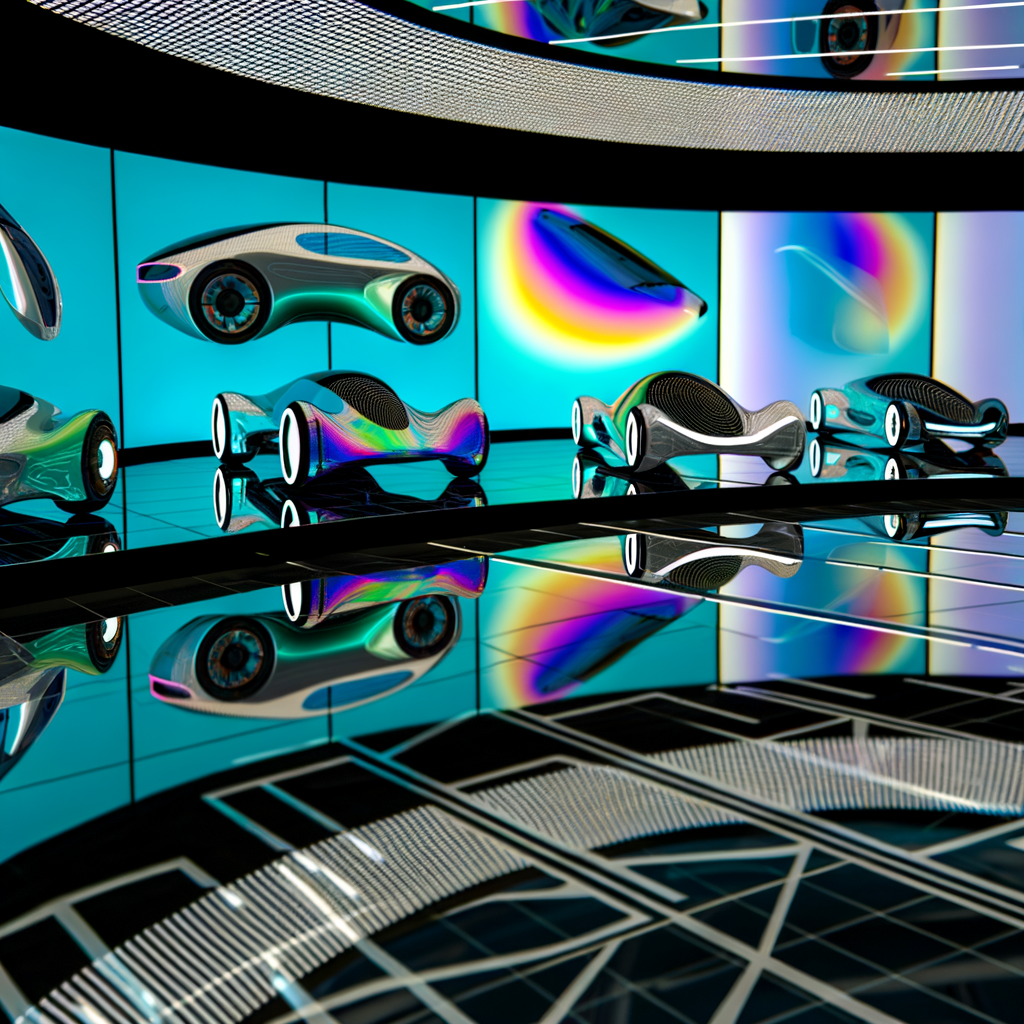 Futuristic cars align in a high-tech showroom.