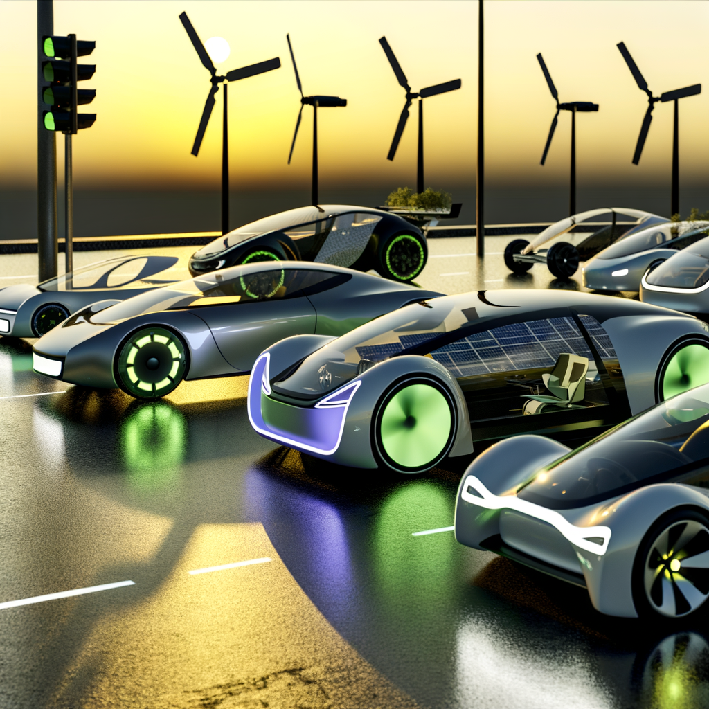 Futuristic cars aligning with green technology.