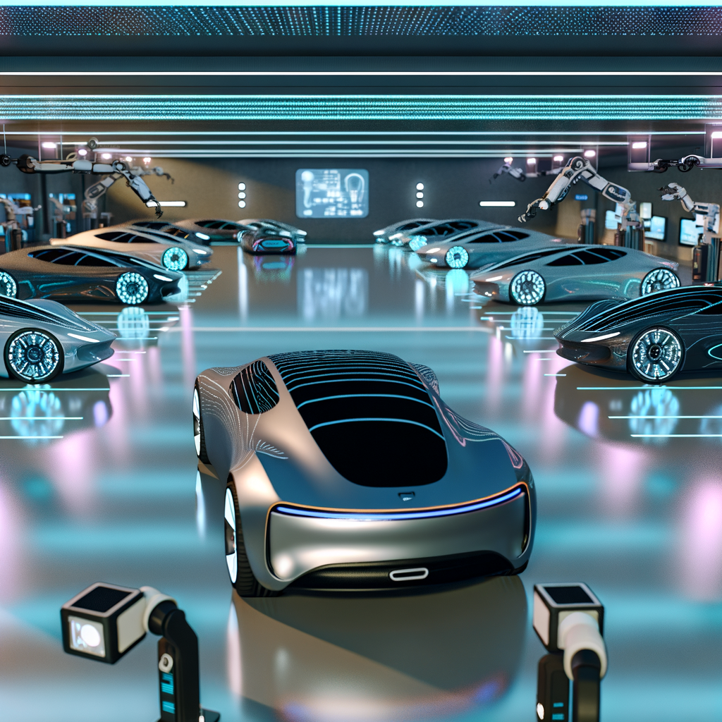 Futuristic cars amidst high-tech garage innovations.