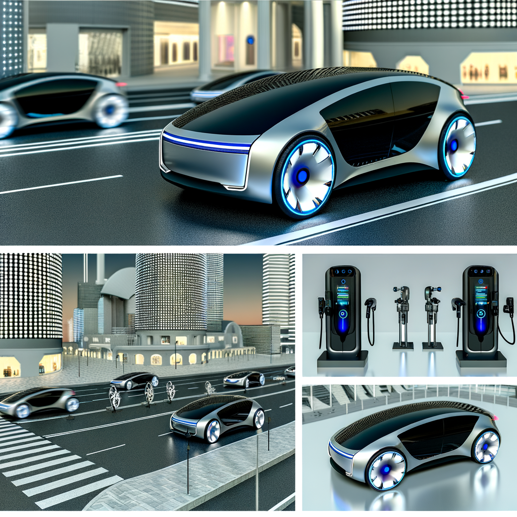 Futuristic cars charging, driving autonomously, connecting.