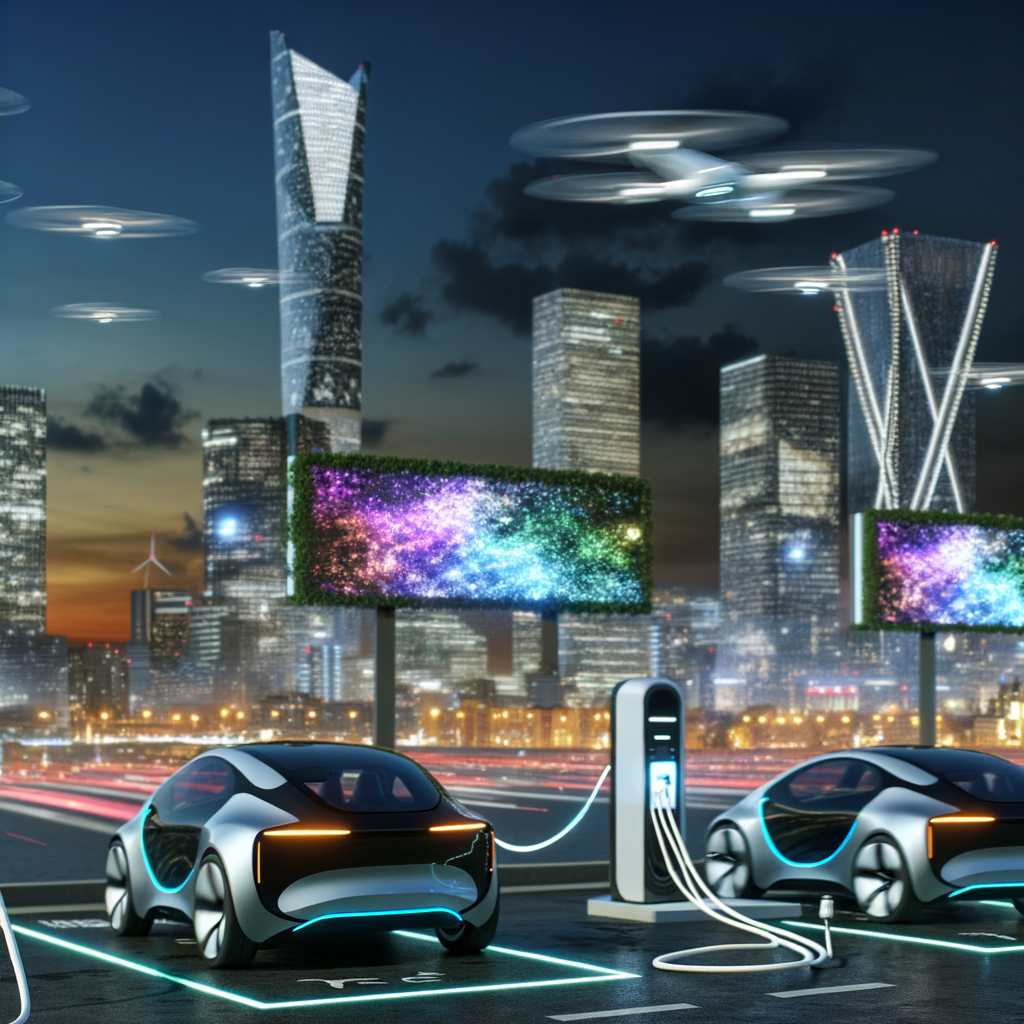 Futuristic cars charging in a smart city.